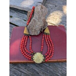 Vintage Brass & Red Bead Tribal Necklace, Ethnic Bohemian Jewelry